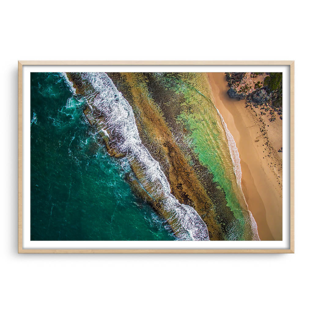 Aerial textures at Yanchep Lagoon, Western Australia framed in raw oak