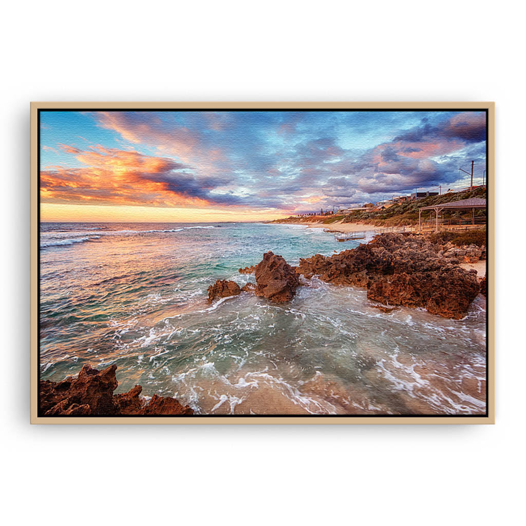 Summer sunset at Mettams Pool, Perth, Western Australia framed canvas in raw oak