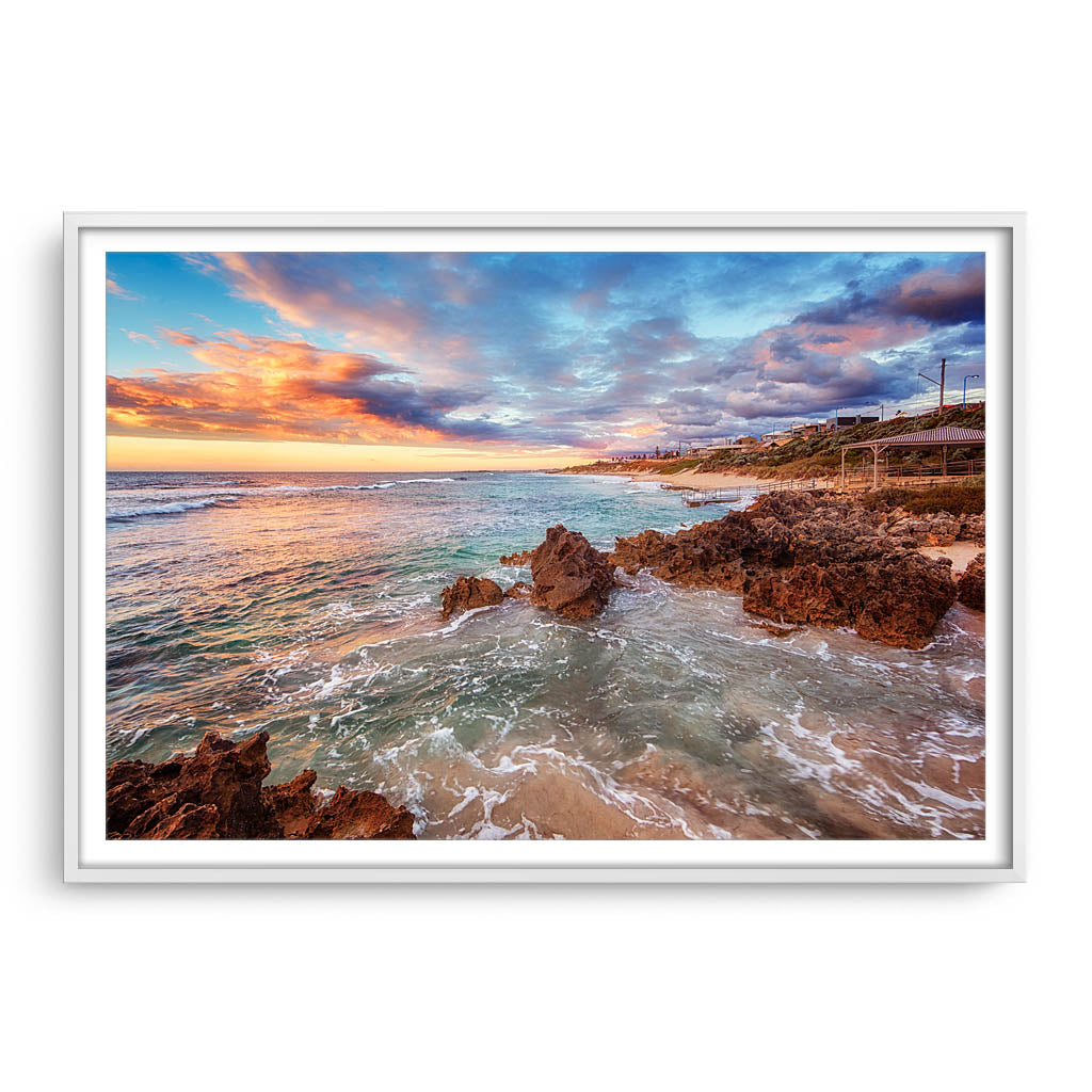 Summer sunset at Mettams Pool, Perth, Western Australia framed in white