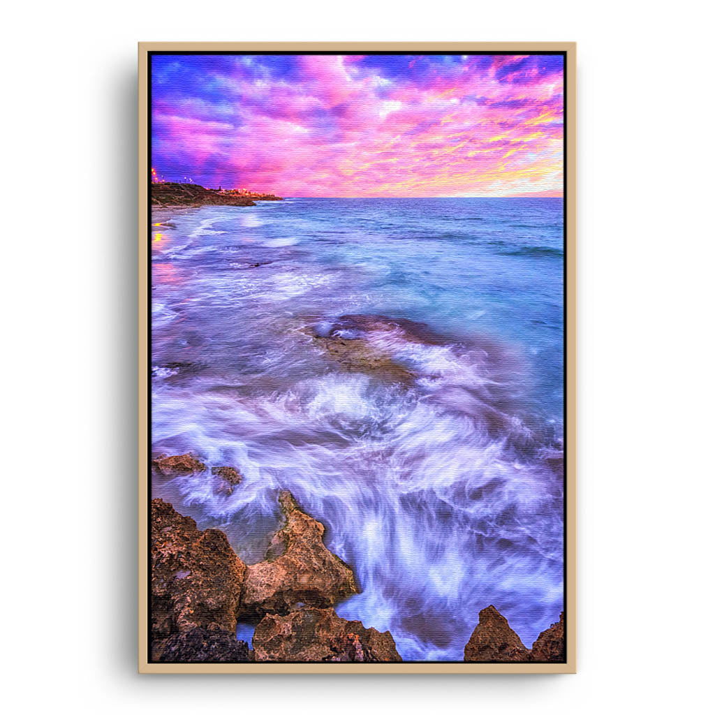 Sunset at North Beach in Perth, Western Australia framed canvas in raw oak