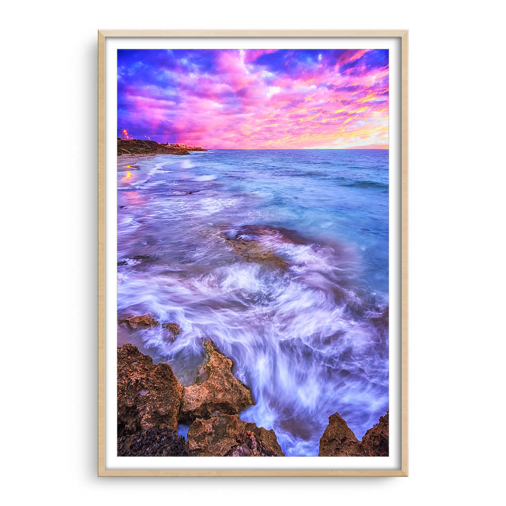 Sunset at North Beach in Perth, Western Australia framed in raw oak