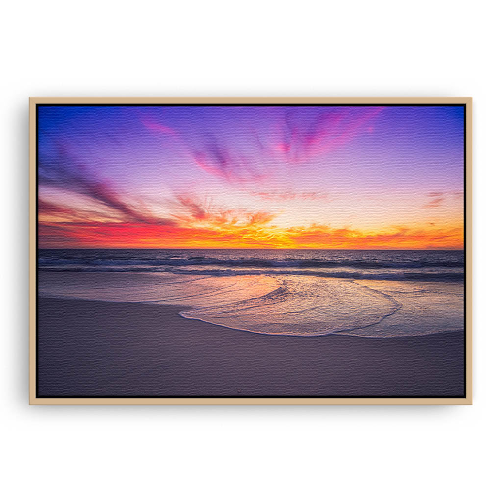 Sunset at Mullaloo Beach in Perth, Western Australia framed canvas in raw oak
