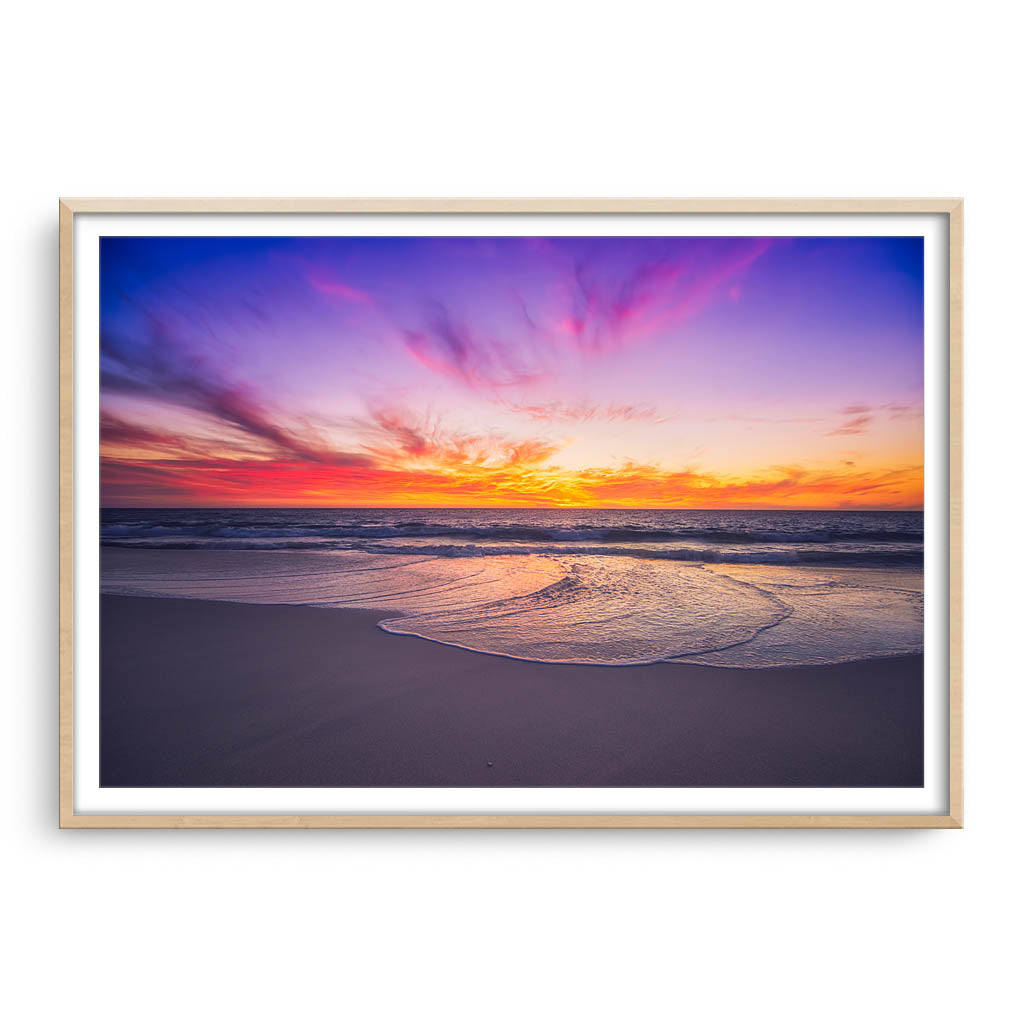 Sunset at Mullaloo Beach in Perth, Western Australia framed in raw oak