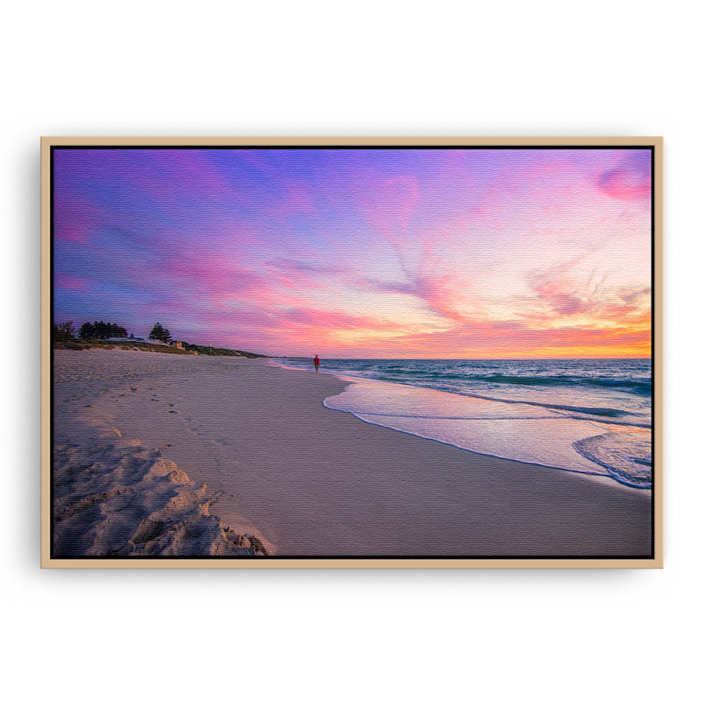 Beautiful sunset on Mullaloo Beach in Perth, Western Australia framed canvas in raw oak