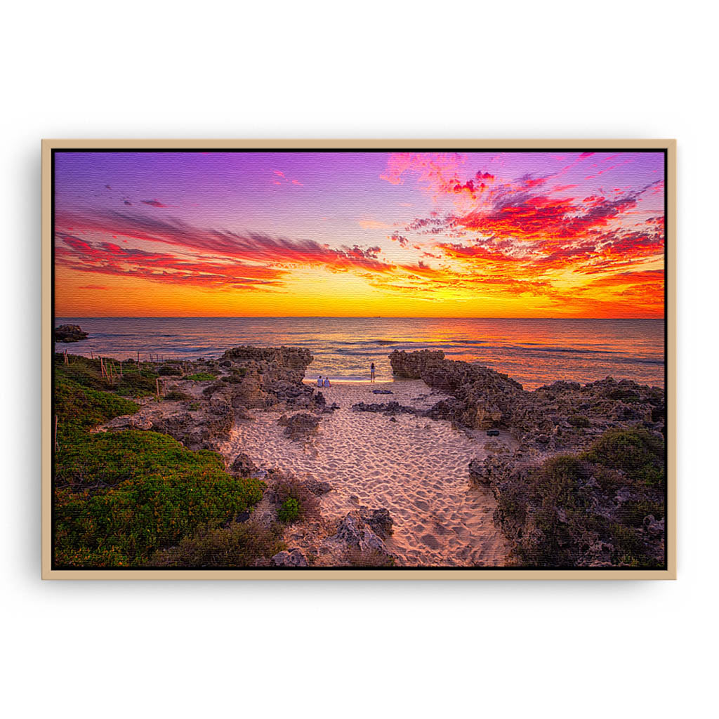 Watching the sunset at Mettams Beach in Western Australia framed canvas in raw oak