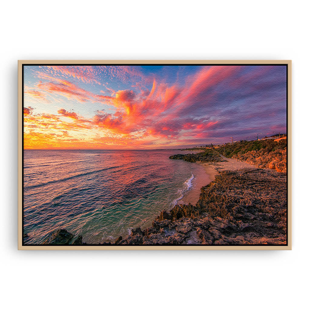 Candy Floss clouds at Mettams Pool in Perth, Western Australia framed canvas in raw oak