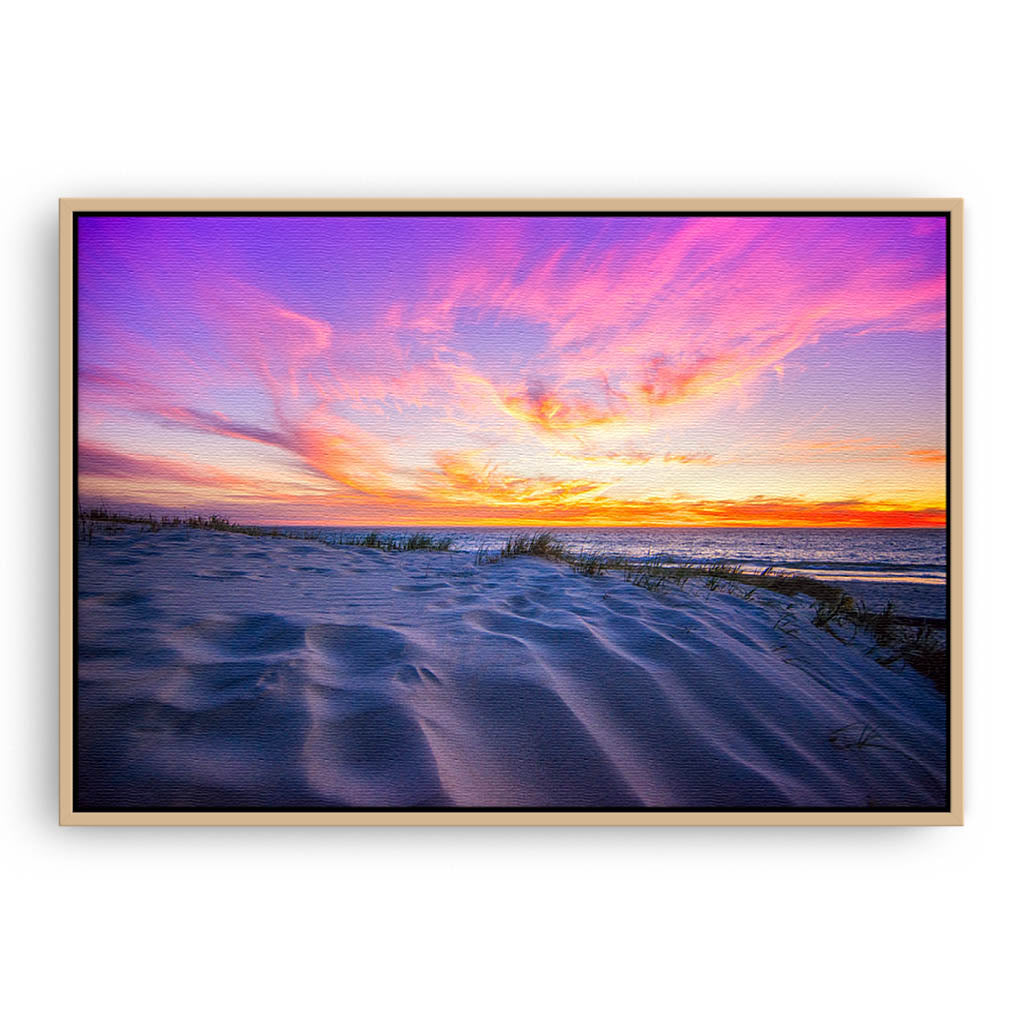 Sunset over the sand dunes at Mullaloo Beach in Western Australia framed canvas in raw oak