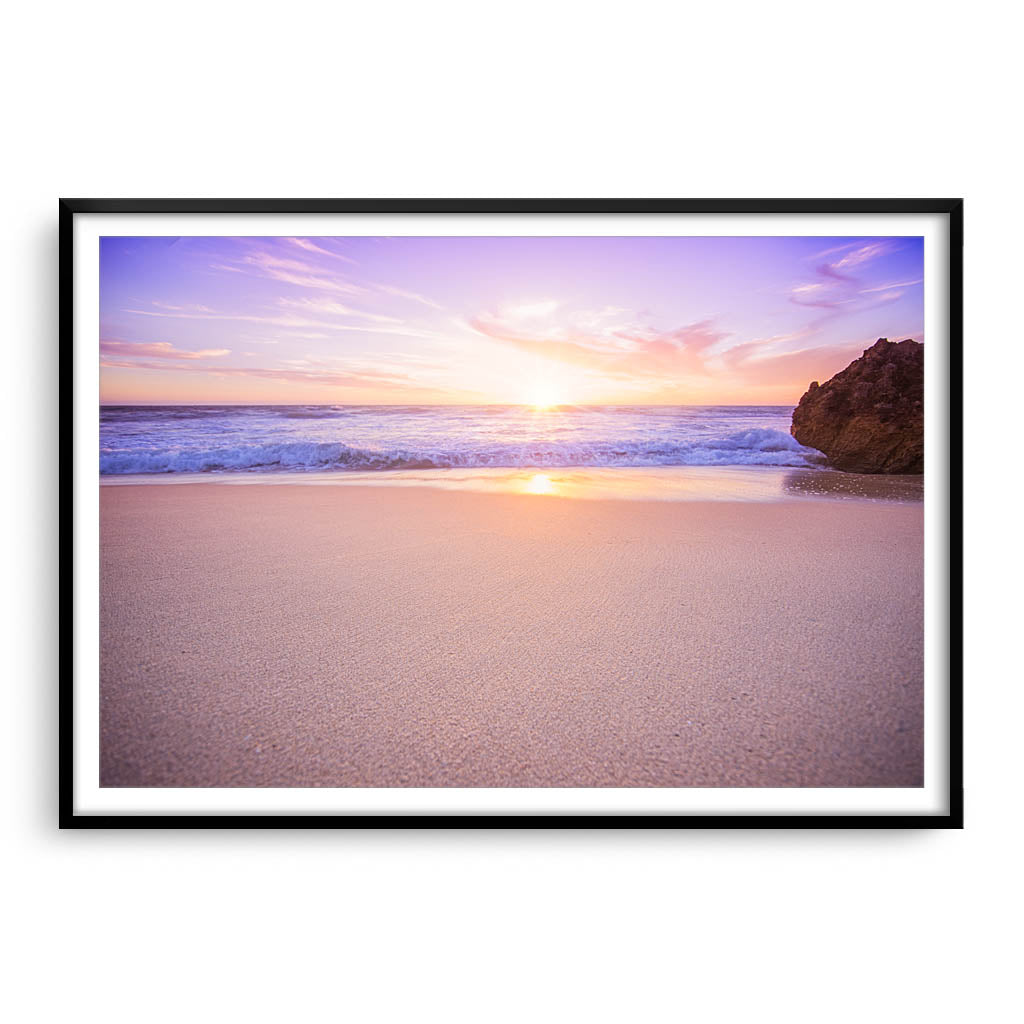 Soft Pink Sunset at Watermans Beach in Perth, Western Australia framed in black