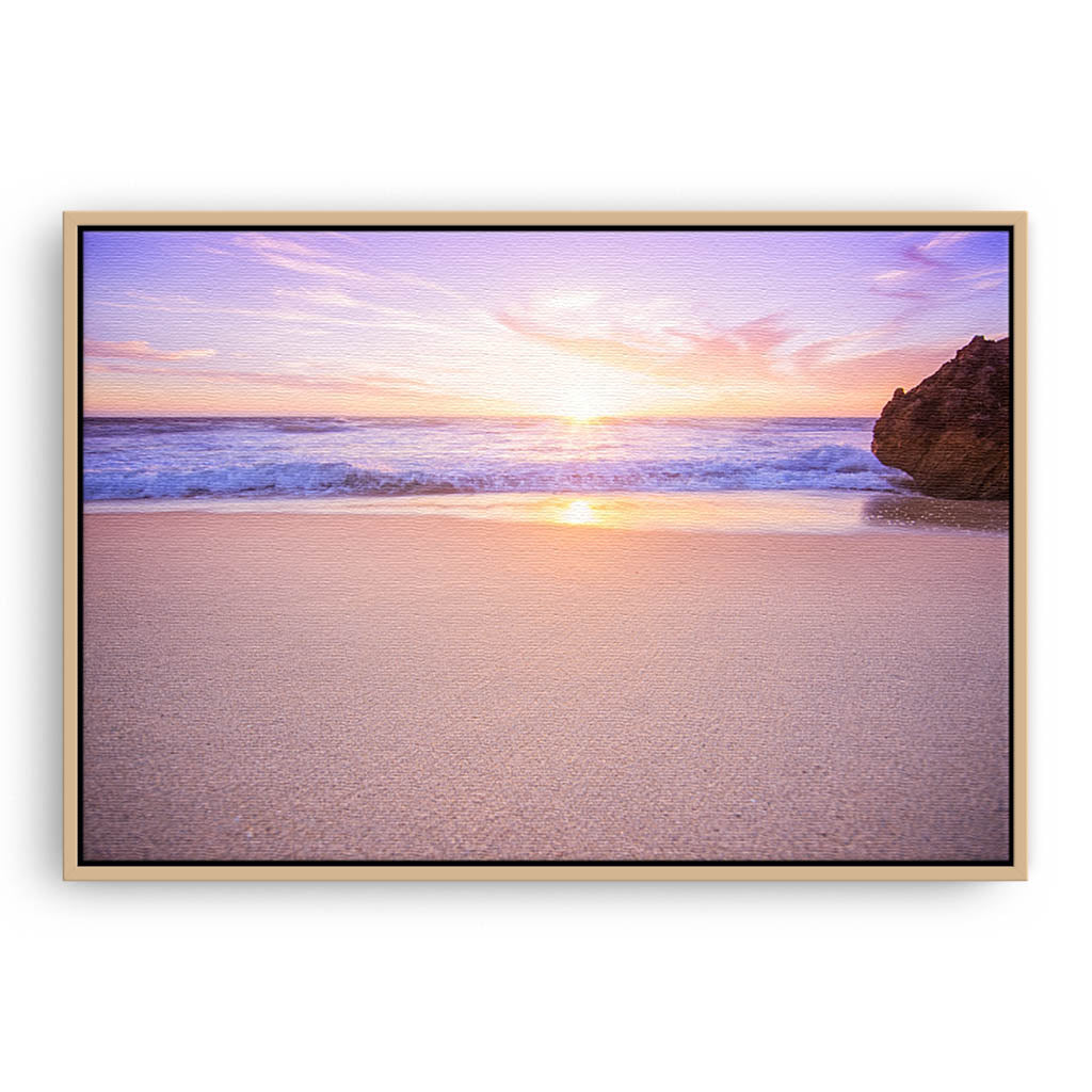 Soft Pink Sunset at Watermans Beach in Perth, Western Australia framed canvas in raw oak