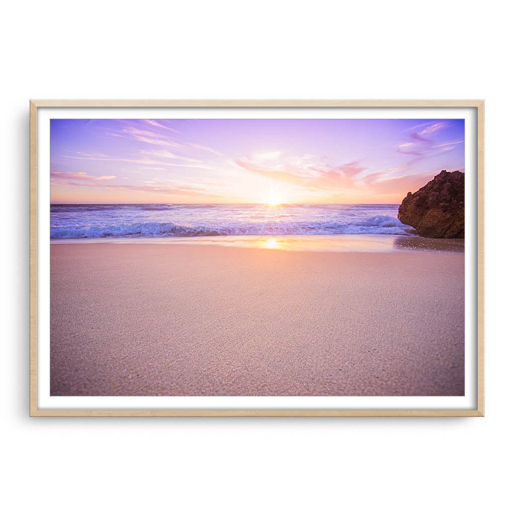 Soft Pink Sunset at Watermans Beach in Perth, Western Australia framed in raw oak