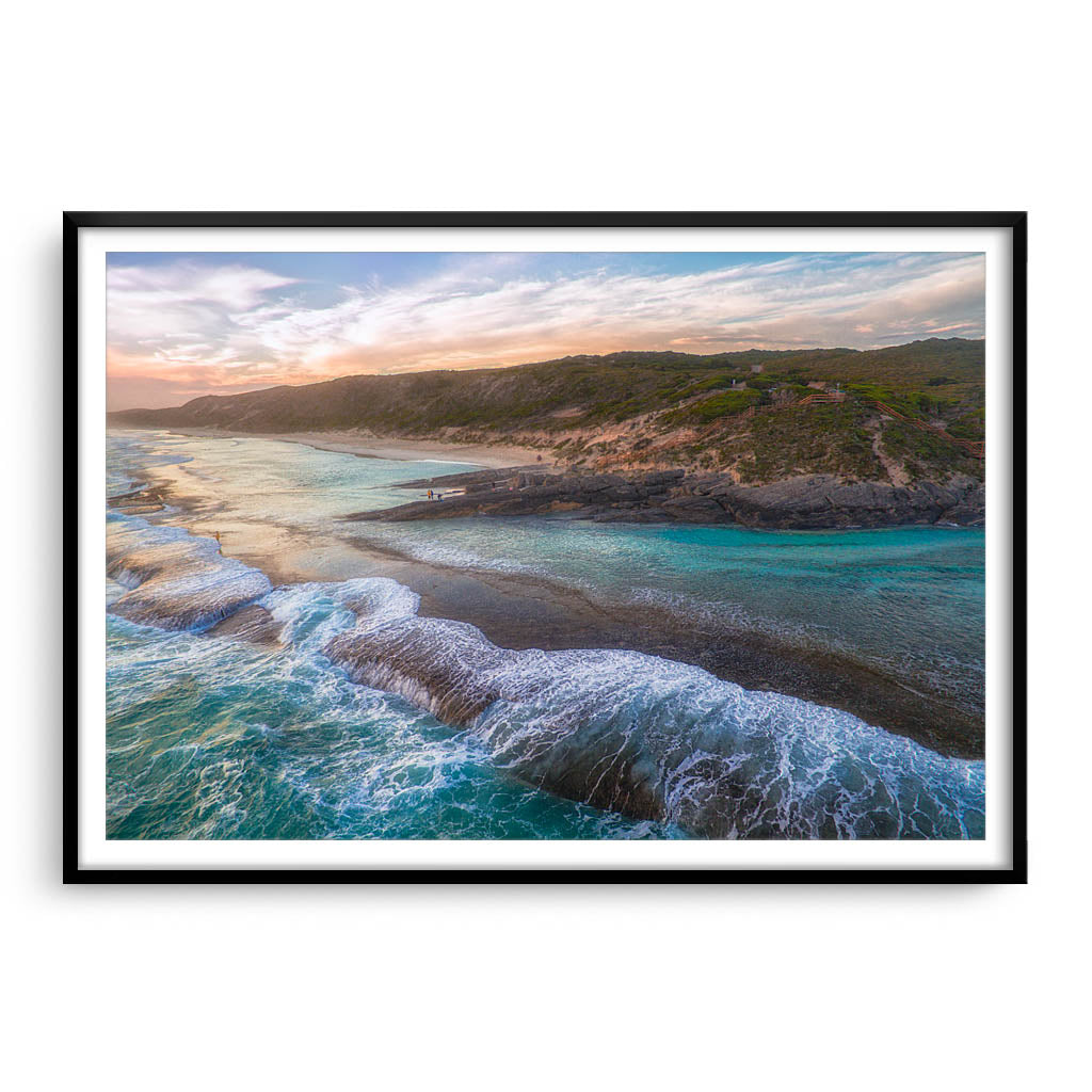 Dramatic aerial view of 11 Mile Beach in Esperance, Western Australia framed in black