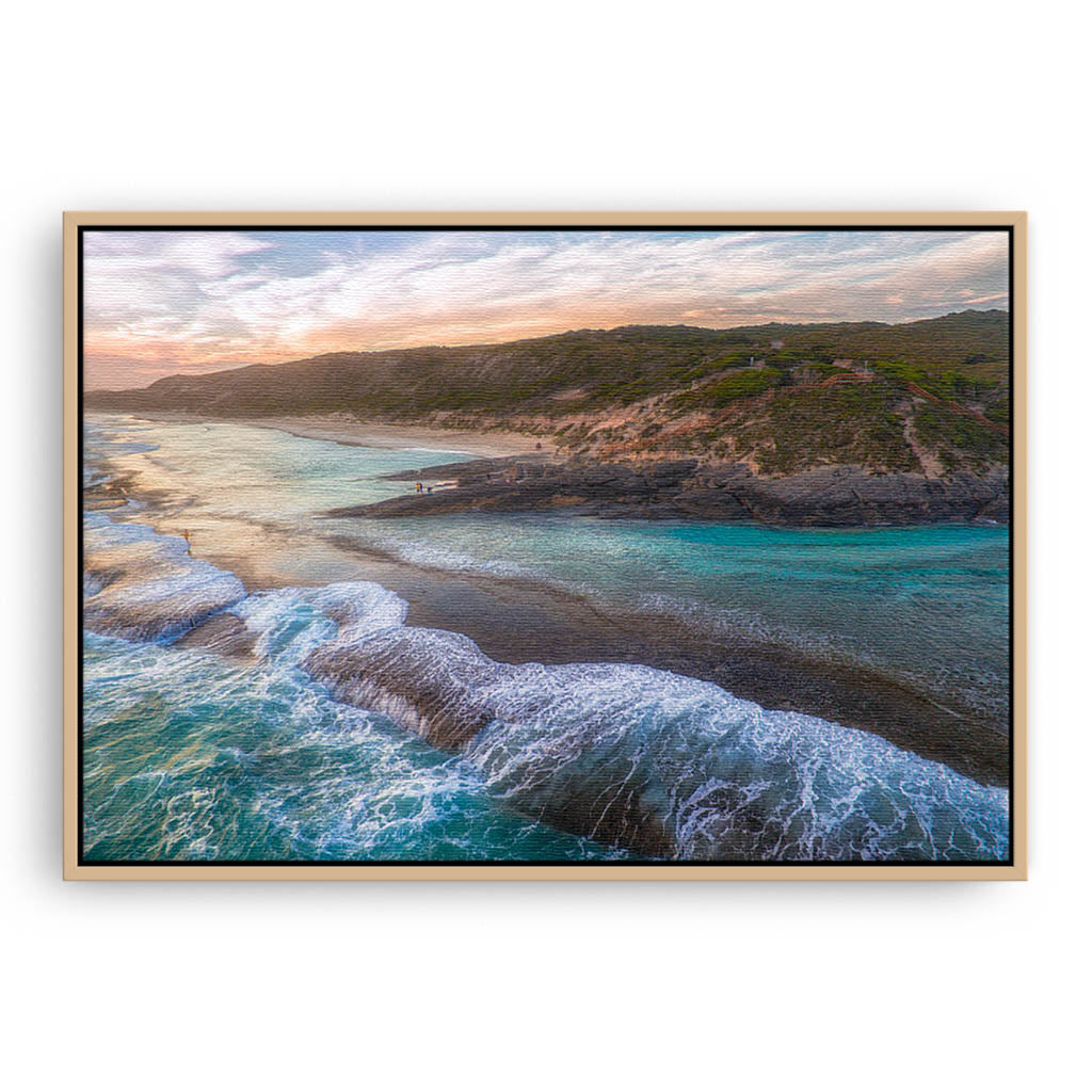 Dramatic aerial view of 11 Mile Beach in Esperance, Western Australia framed canvas in raw oak