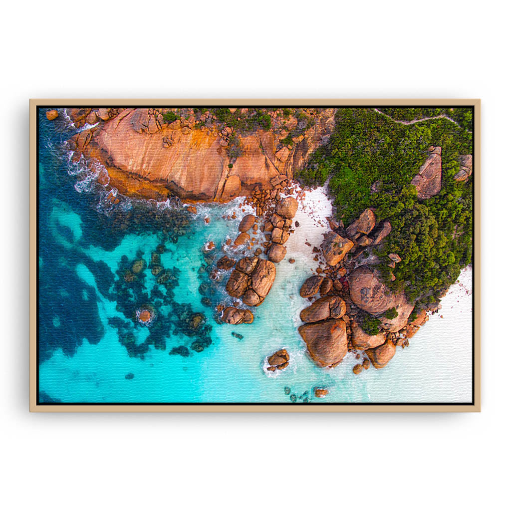 Idylic beach at Thistle Cove in Cape Le Grand, Esperance, Western Australia framed canvas in raw oak