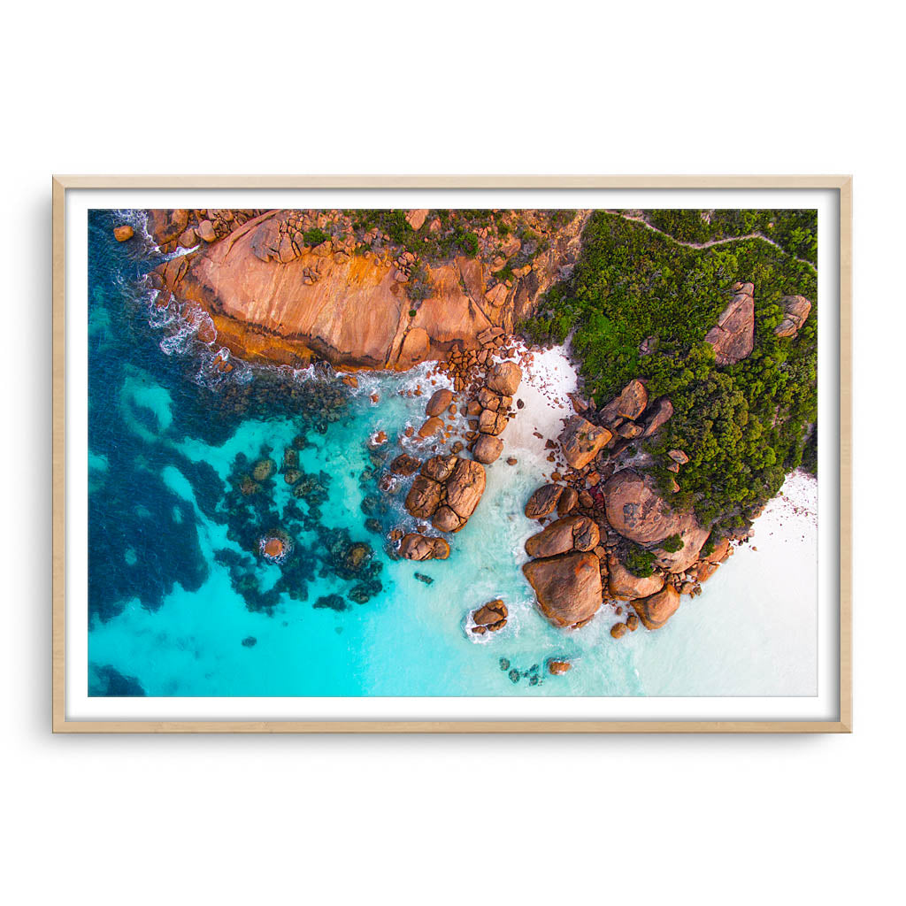 Idylic beach at Thistle Cove in Cape Le Grand, Esperance, Western Australia framed in raw oak