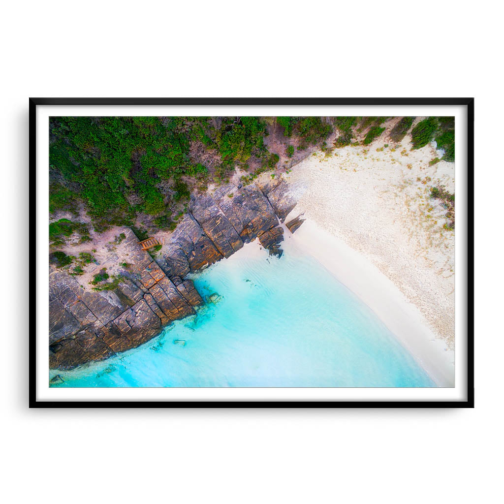 Aerial view of 11 Mile Beach in Esperance, Western Australia framed in black