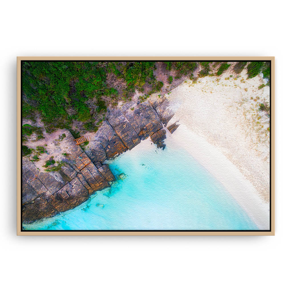 Aerial view of 11 Mile Beach in Esperance, Western Australia framed canvas in raw oak