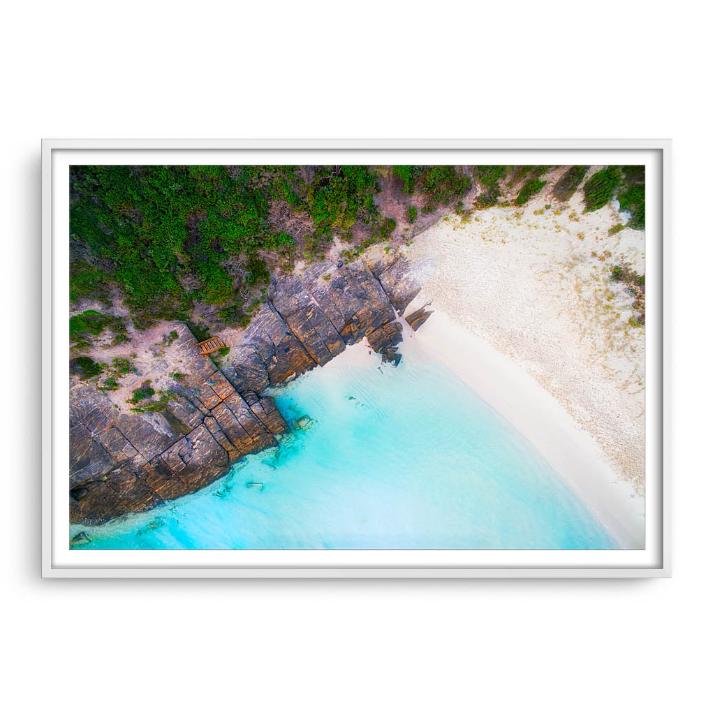 Aerial view of 11 Mile Beach in Esperance, Western Australia framed in white