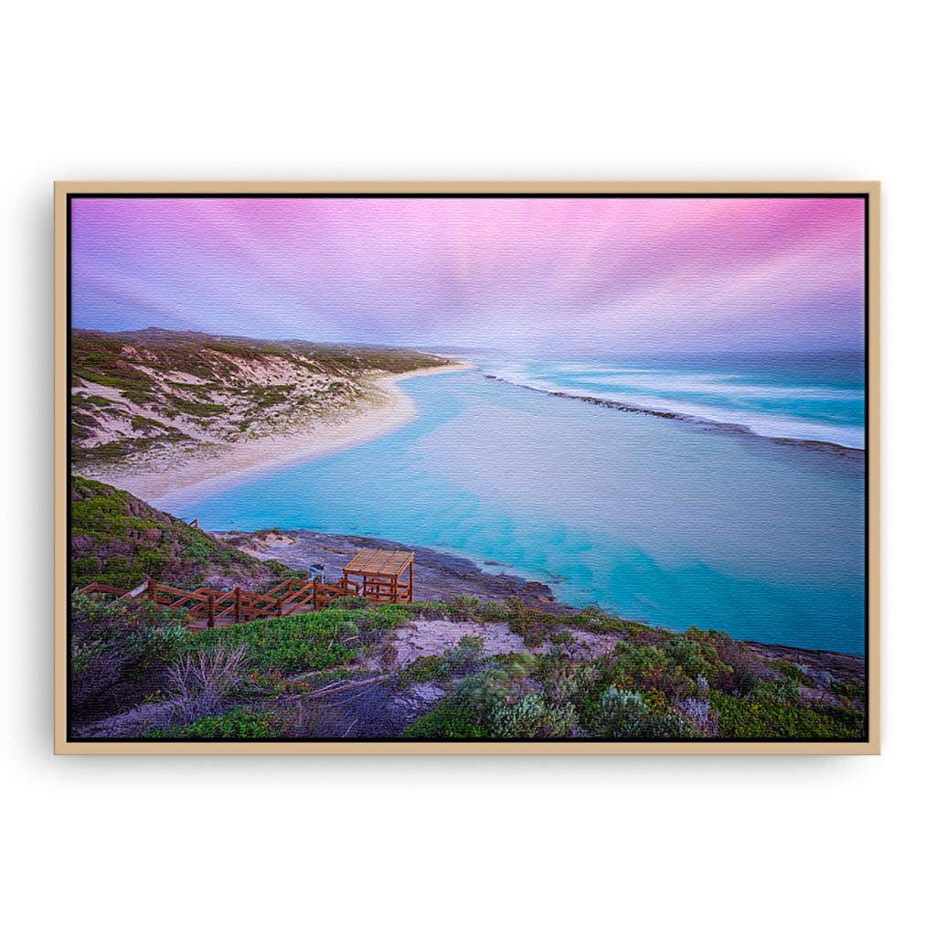 Soft sunset at 11 Mile Beach, Esperance, Western Australia framed canvas in raw oak