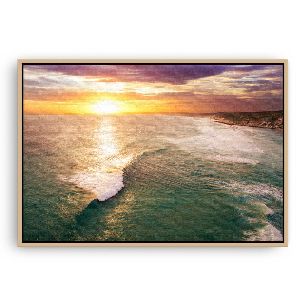 Aerial view of 11 mile beach in Esperance in Western Australia framed canvas in raw oak