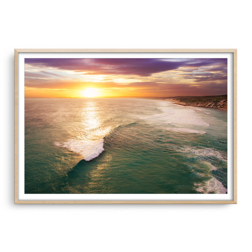 Aerial view of 11 mile beach in Esperance in Western Australia framed in raw oak