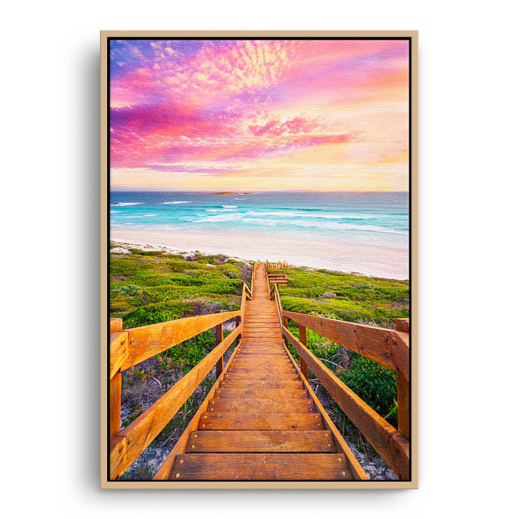 Wooden steps leading down to the beach at sunset in Esperance, Western Australia framed canvas in raw oak