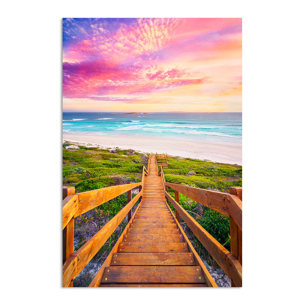 Wooden steps leading down to the beach at sunset in Esperance, Western Australia