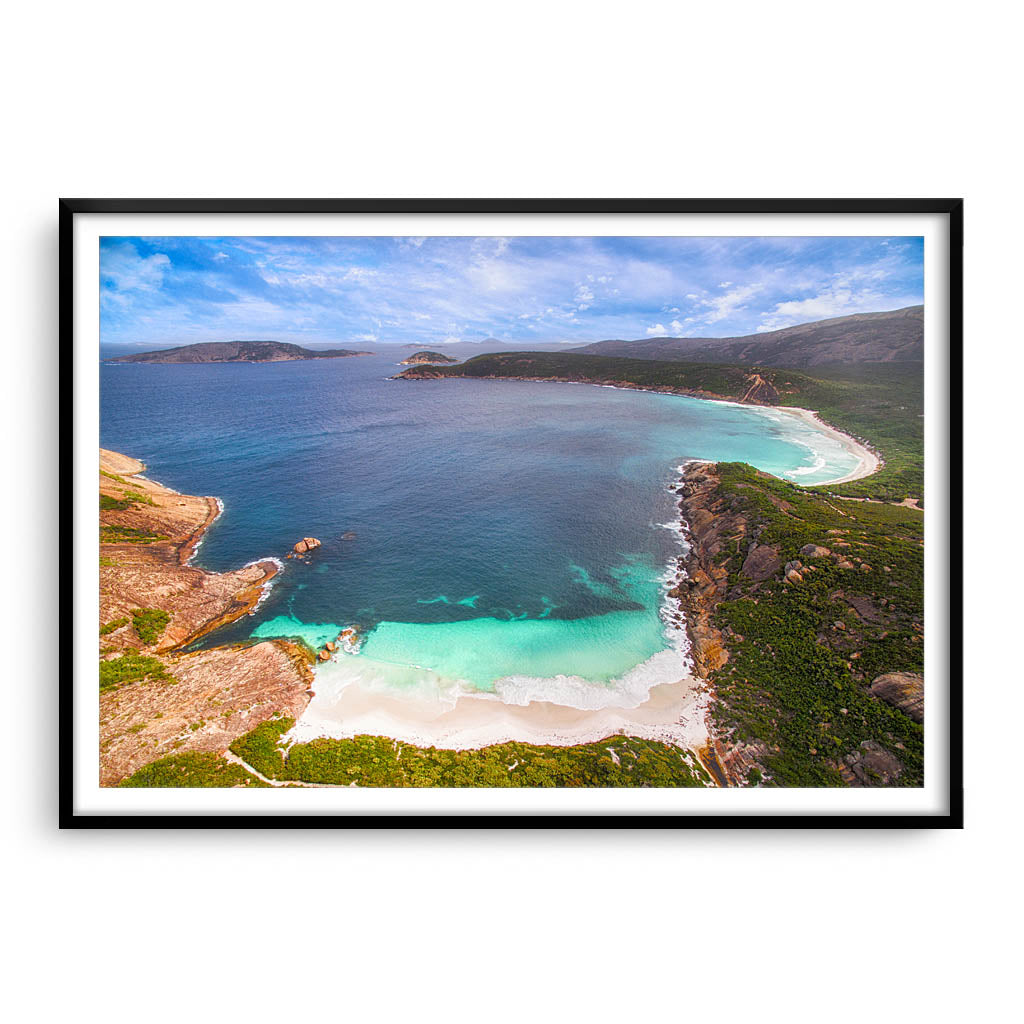 Aerial view of Little Hellfire Bay in the Cape Le Grand National Park, Esperance, Western Australia framed in black