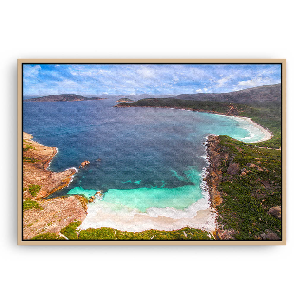 Aerial view of Little Hellfire Bay in the Cape Le Grand National Park, Esperance, Western Australia framed canvas in raw oak