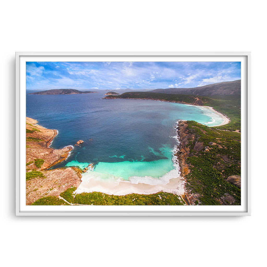 Aerial view of Little Hellfire Bay in the Cape Le Grand National Park, Esperance, Western Australia framed in white