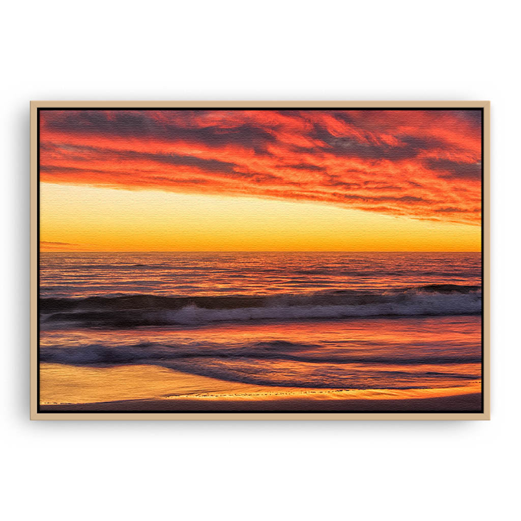 Rich sunset from North Beach in Perth, Western Australia framed canvas in raw oak