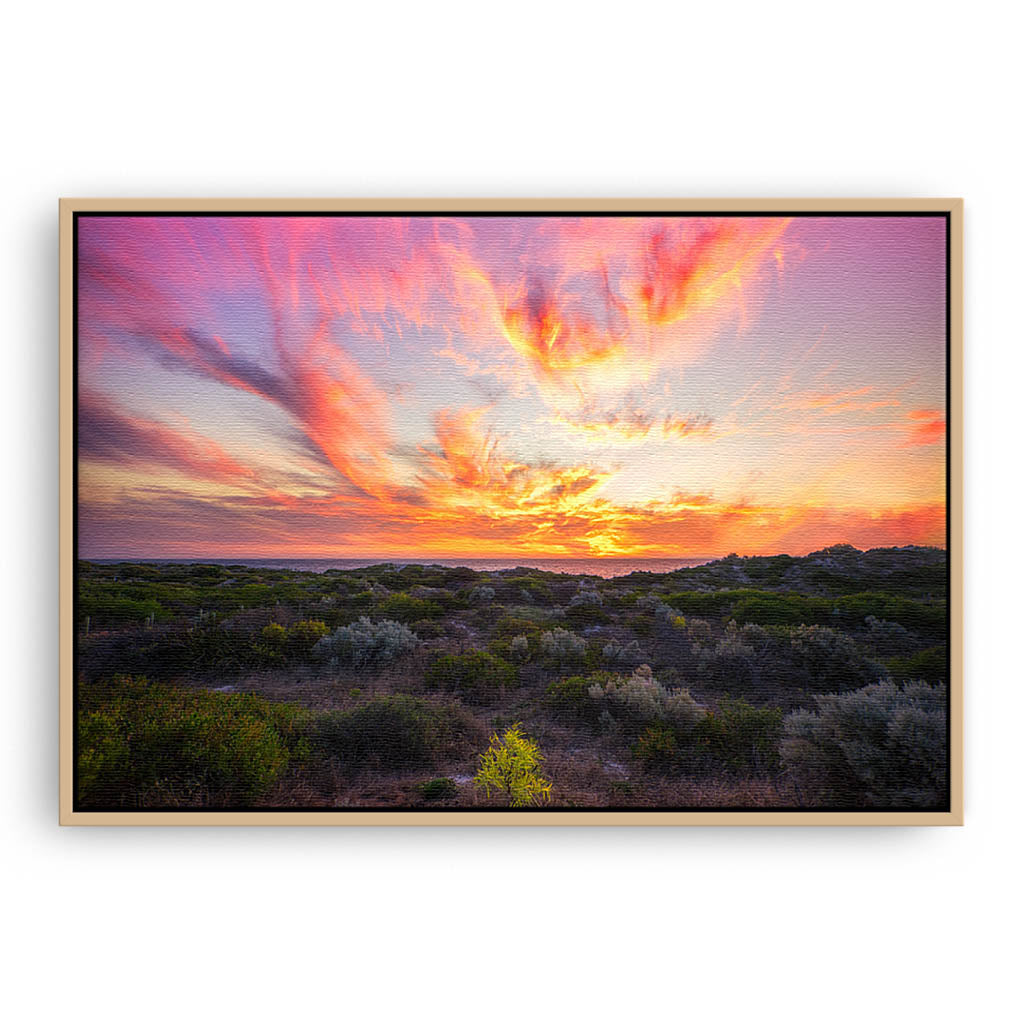 Warm, magenta sunset at Mullaloo Beach in Perth, Western Australia framed canvas in raw oak