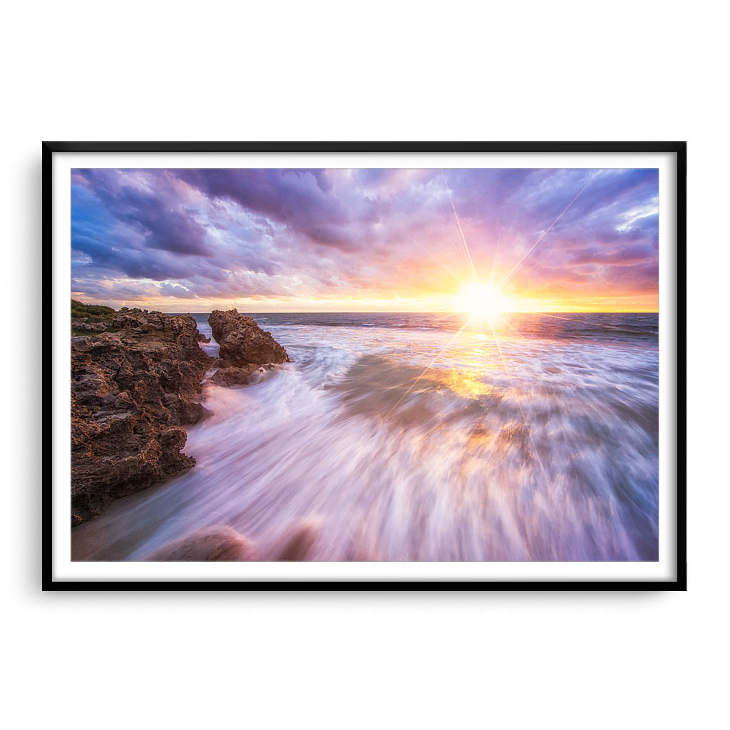 Sunset at watermans bay in Perth, Western Australia framed in black