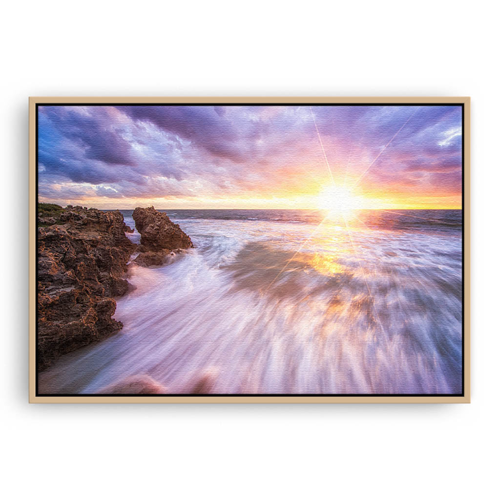 Sunset at watermans bay in Perth, Western Australia framed canvas in raw oak