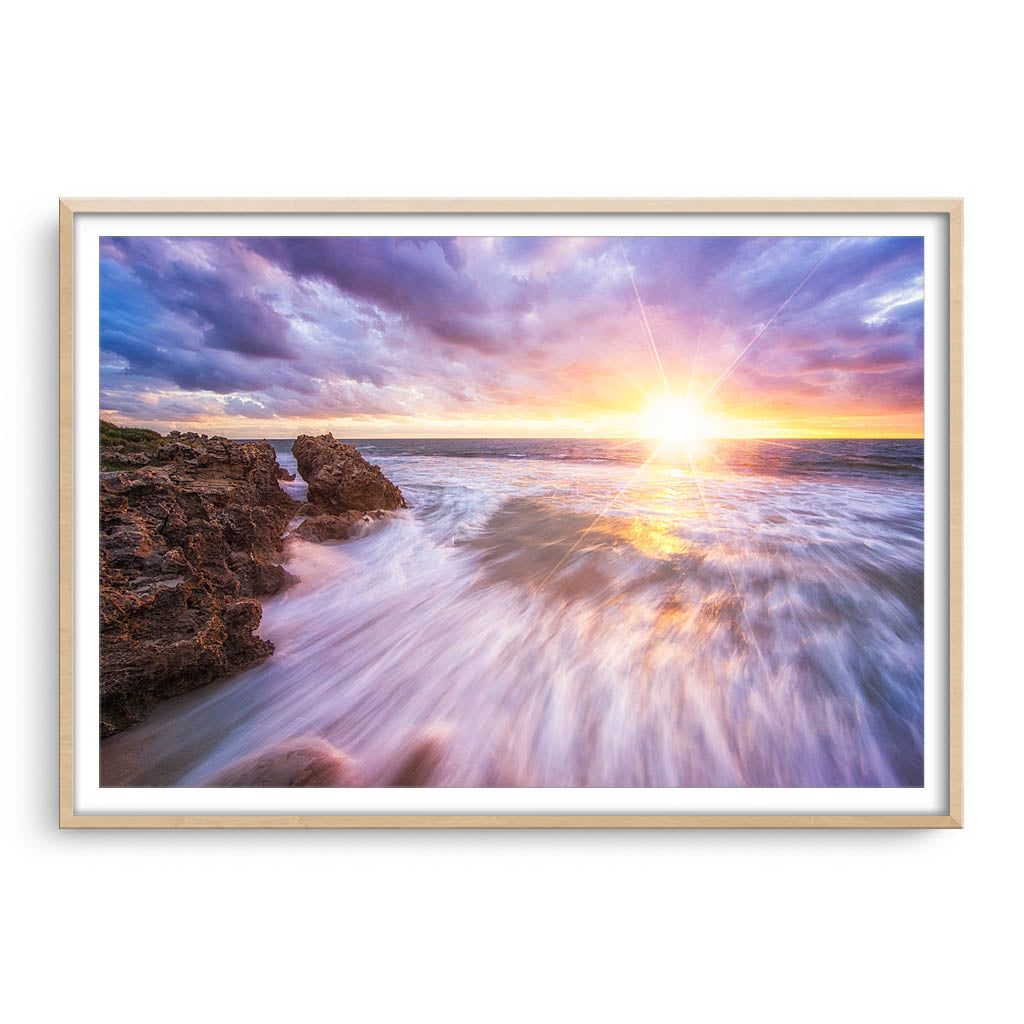 Sunset at watermans bay in Perth, Western Australia framed in raw oak