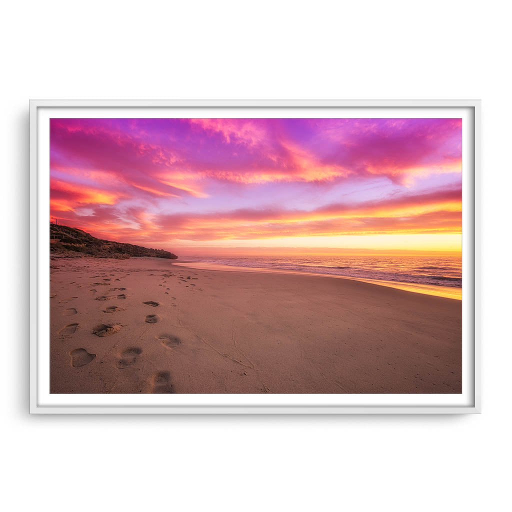 Sunset footprints at North Beach, Perth, Western Australia framed in white