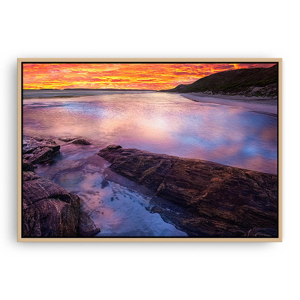 Sunset at Eleven Mile Beach, Esperance Western Australia framed canvas in raw oak