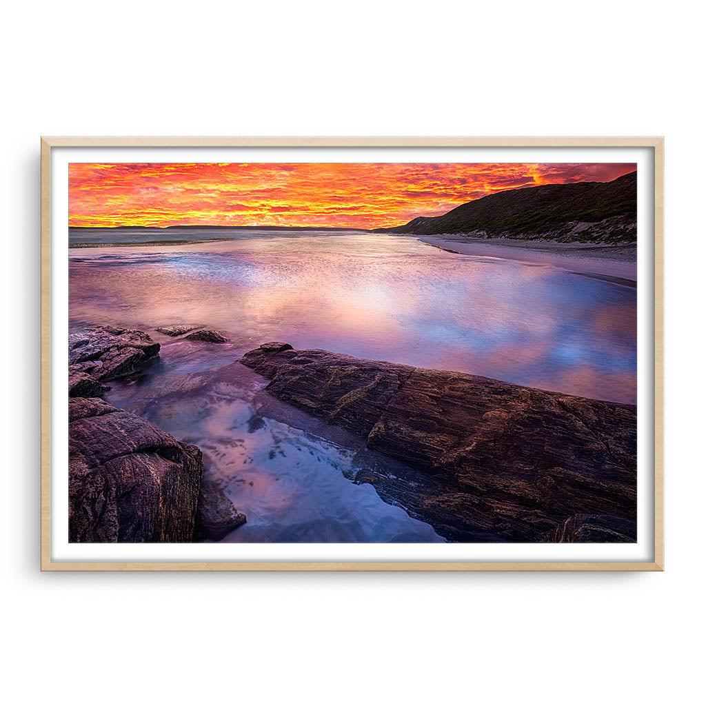 Sunset at Eleven Mile Beach, Esperance Western Australia framed in raw oak