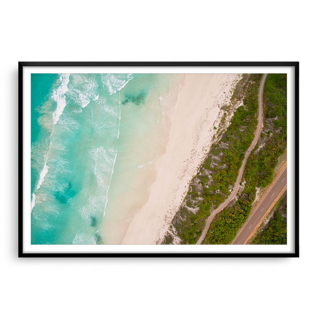 Aerial view of Twilight Bach in Esperance, Western Australia framed in black