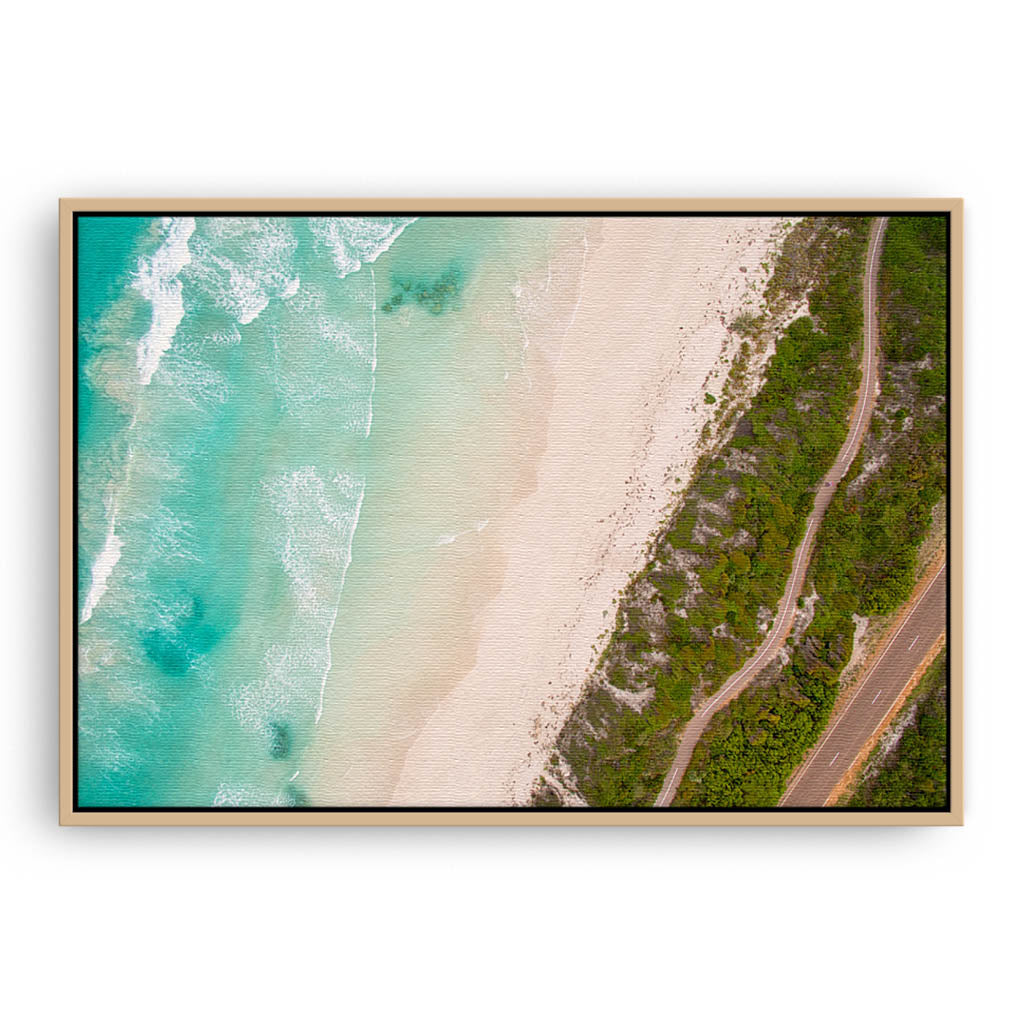 Aerial view of Twilight Bach in Esperance, Western Australia framed canvas in raw oak