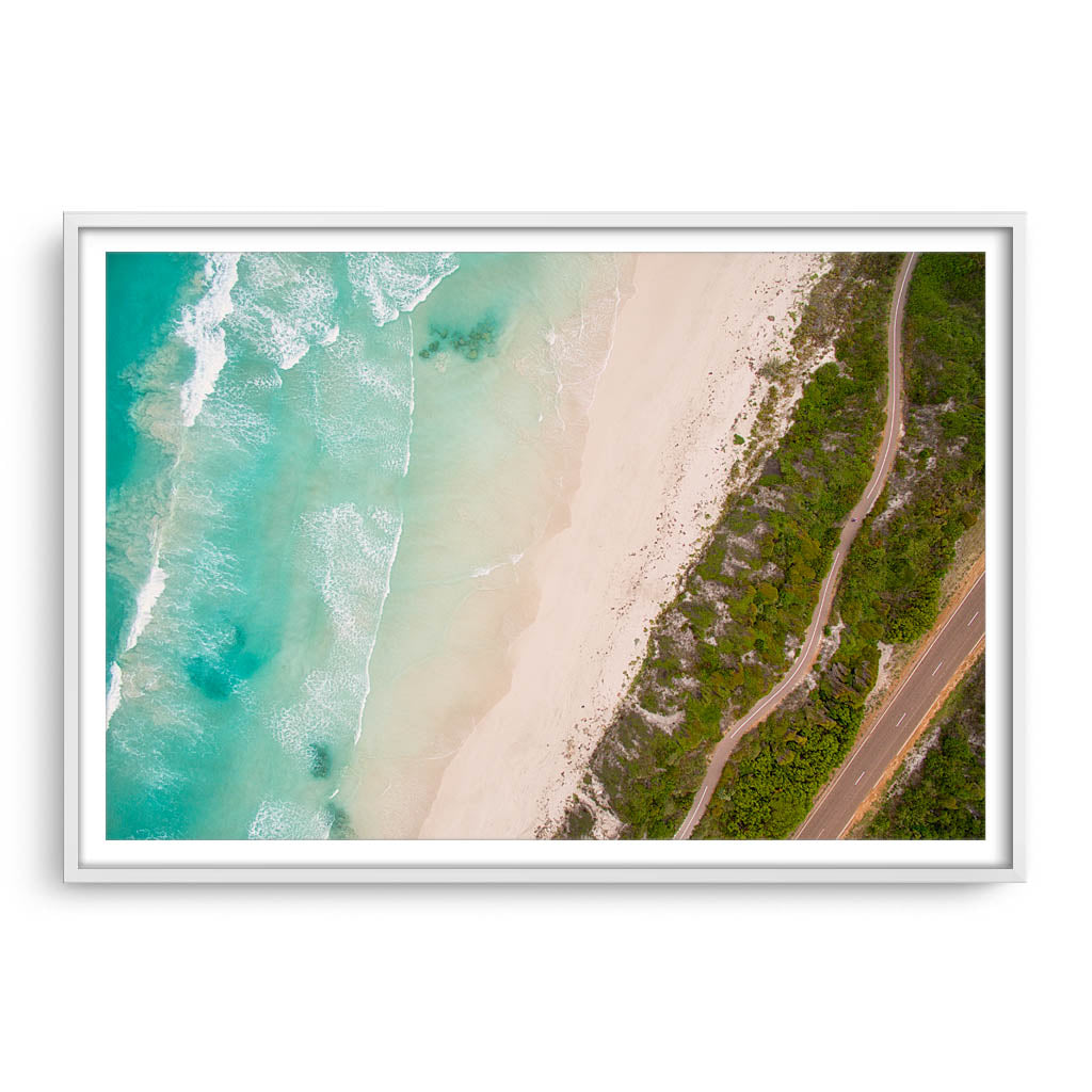 Aerial view of Twilight Bach in Esperance, Western Australia framed in white