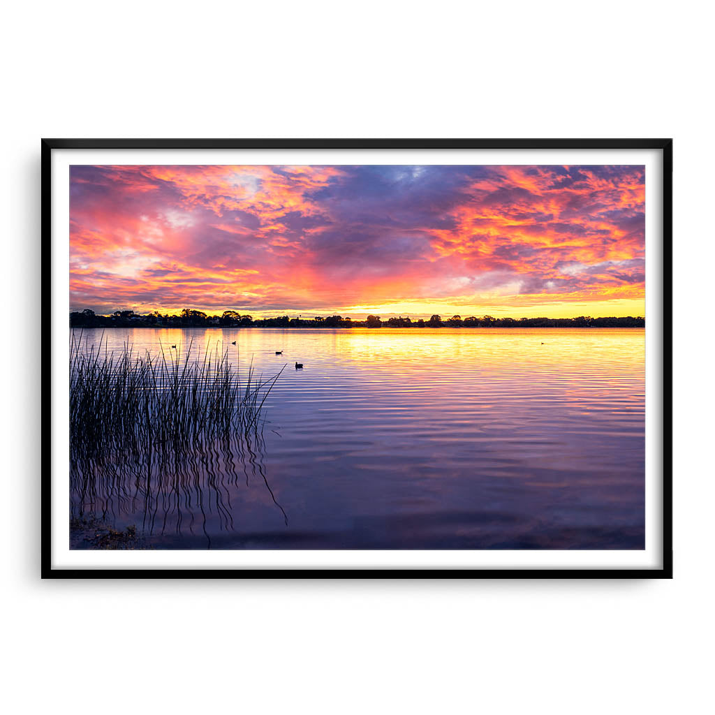 Sunset over Lake Monger in Perth, Western Australia framed in black