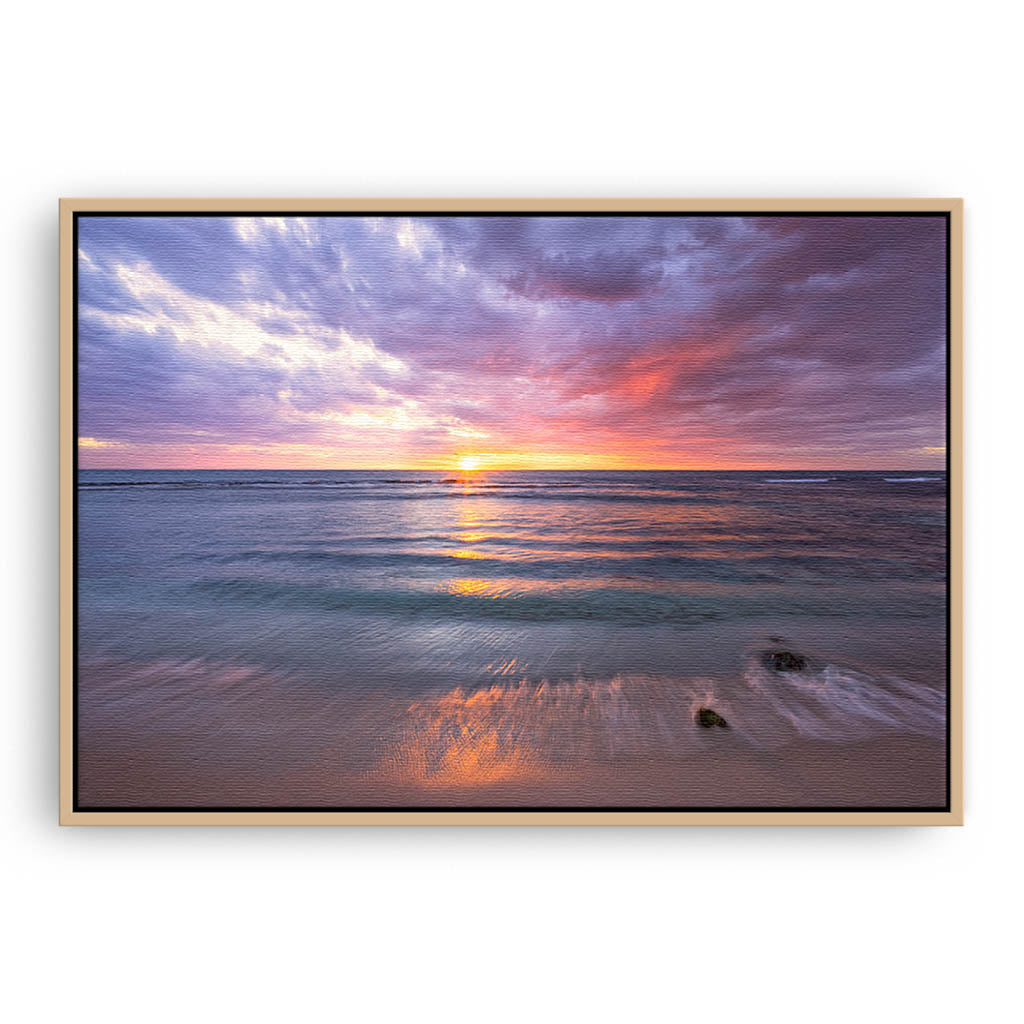 Magical sunset at Mettams pool in Perth, Western Australia framed canvas in raw oak