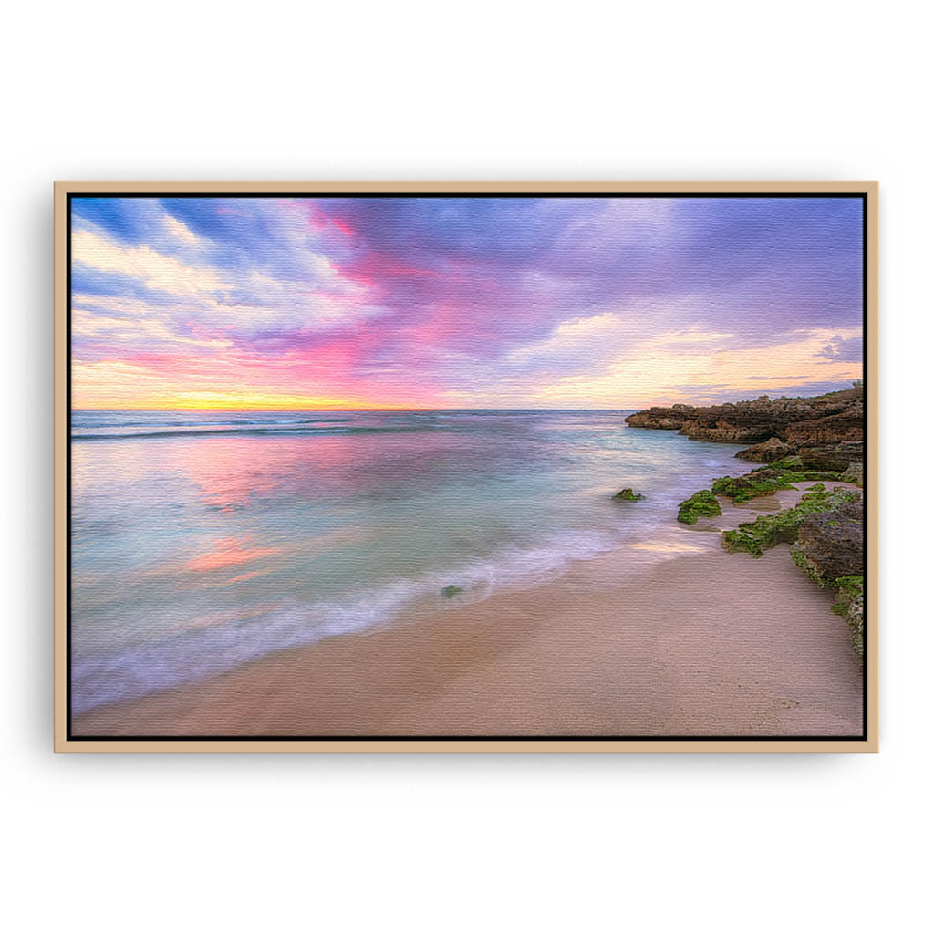 Pastel coloured sunset at Mettams Pool in Perth, Western Australia framed canvas in raw oak