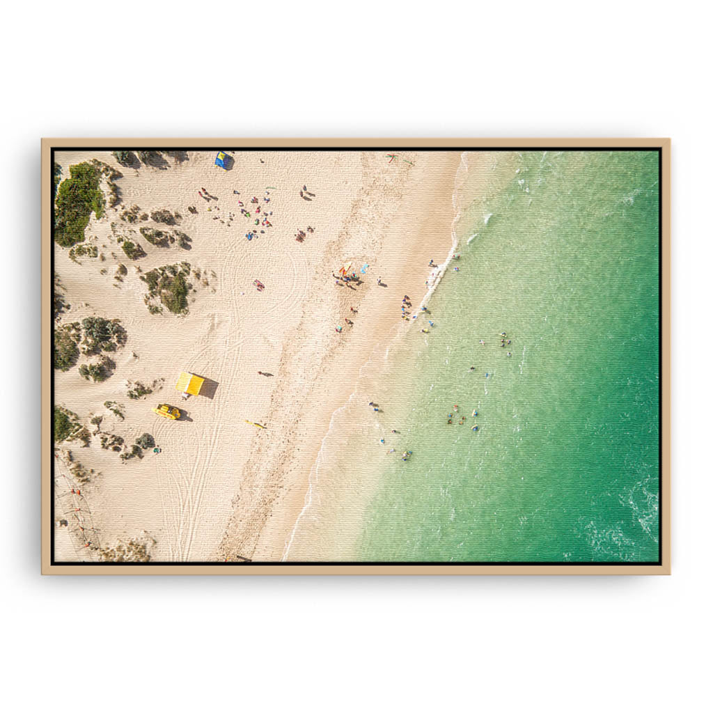 Aerial view of summer at Yanchep Lagoon in Western Australia framed canvas in raw oak