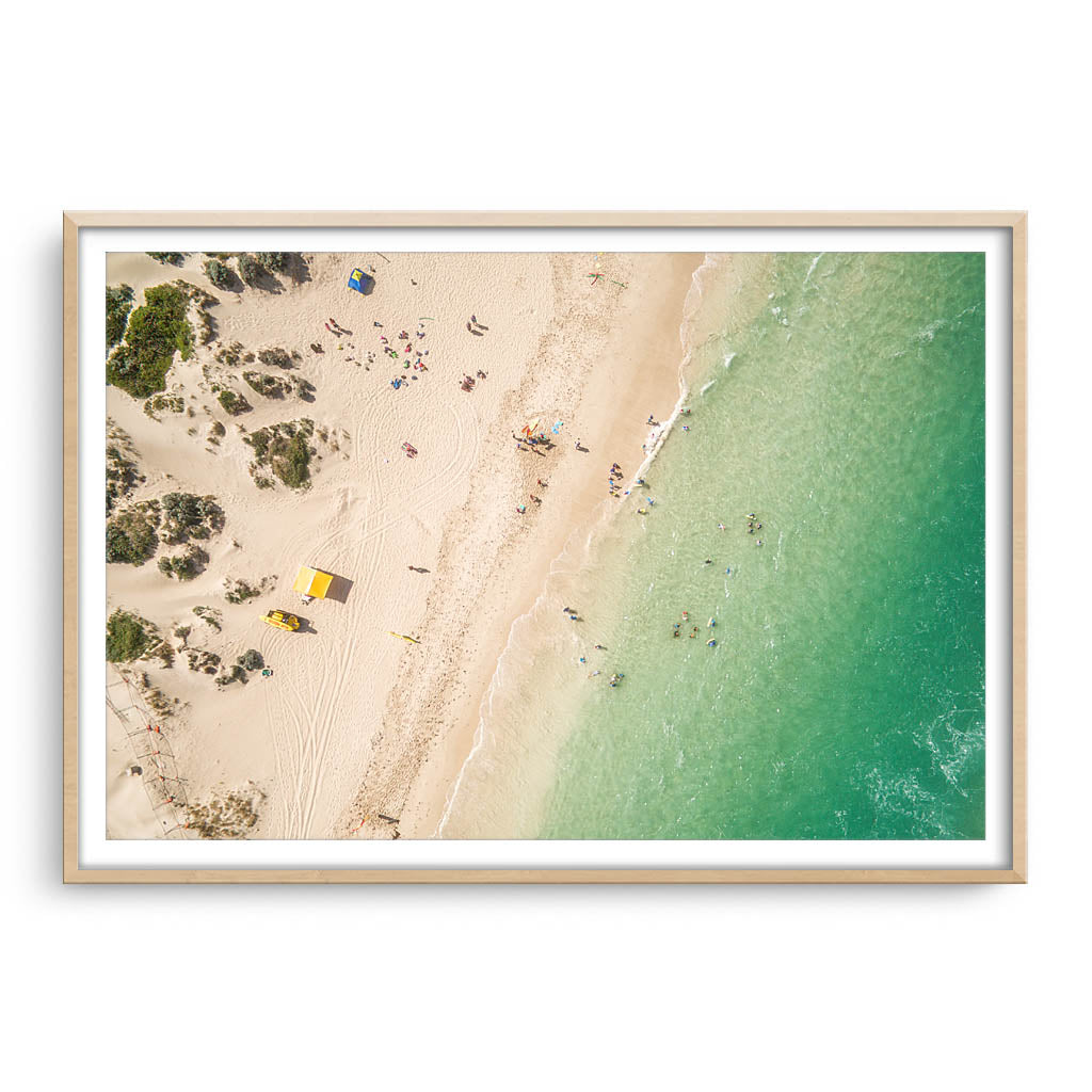 Aerial view of summer at Yanchep Lagoon in Western Australia framed in raw oak