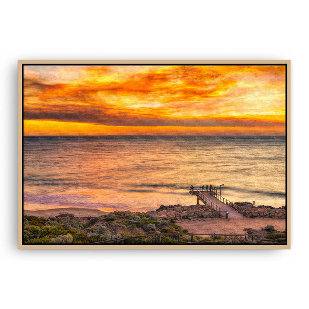 Smoke filled sunset over North Beach Jetty in Perth, Western Australia framed canvas in raw oak