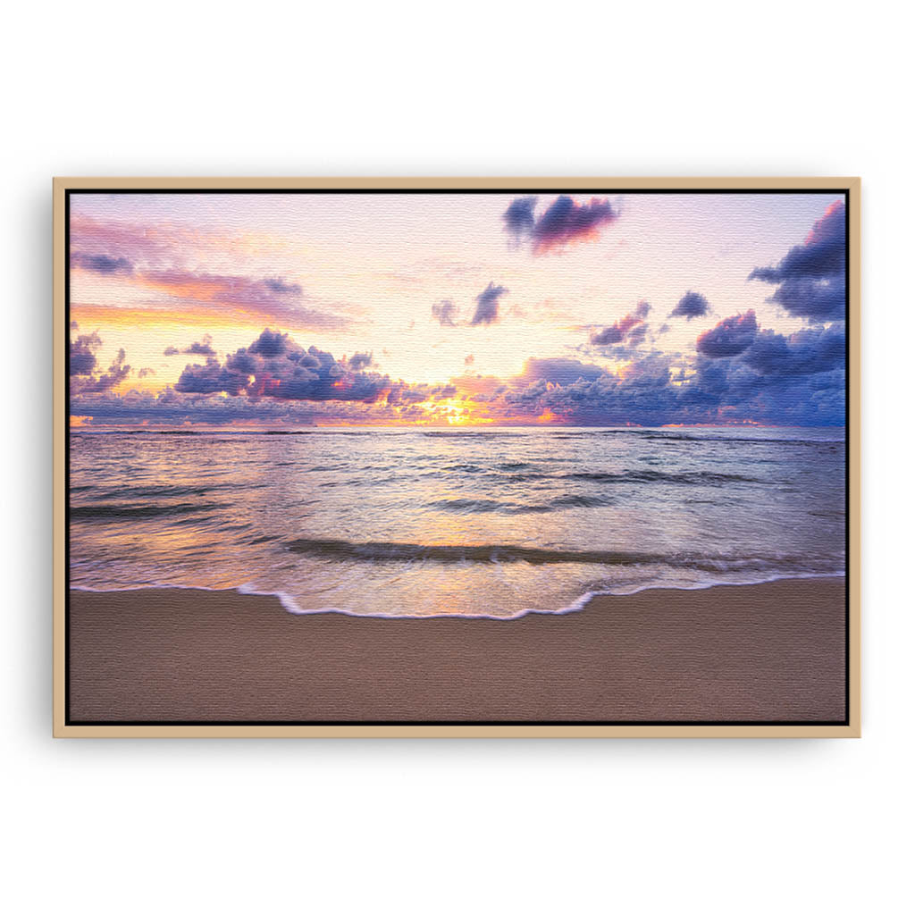 Soft coloured sunset over Mettams Pool in Perth, Western Australia framed canvas in raw oak