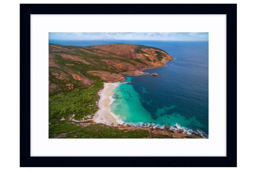 Aerial view of Little Hellfire Bay in Western Australia framed in black