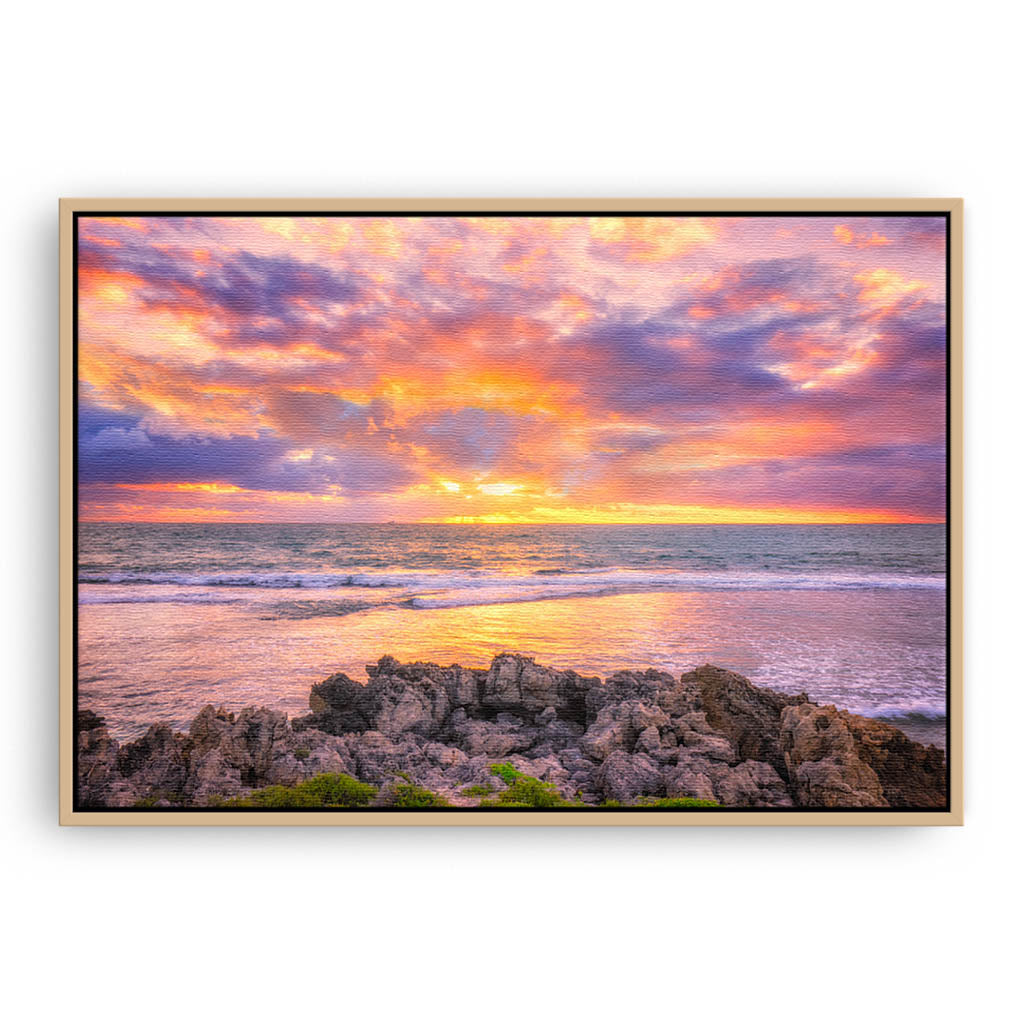 Colourful sunset at Mettams Pool in Perth, Western Australia framed canvas in raw oak