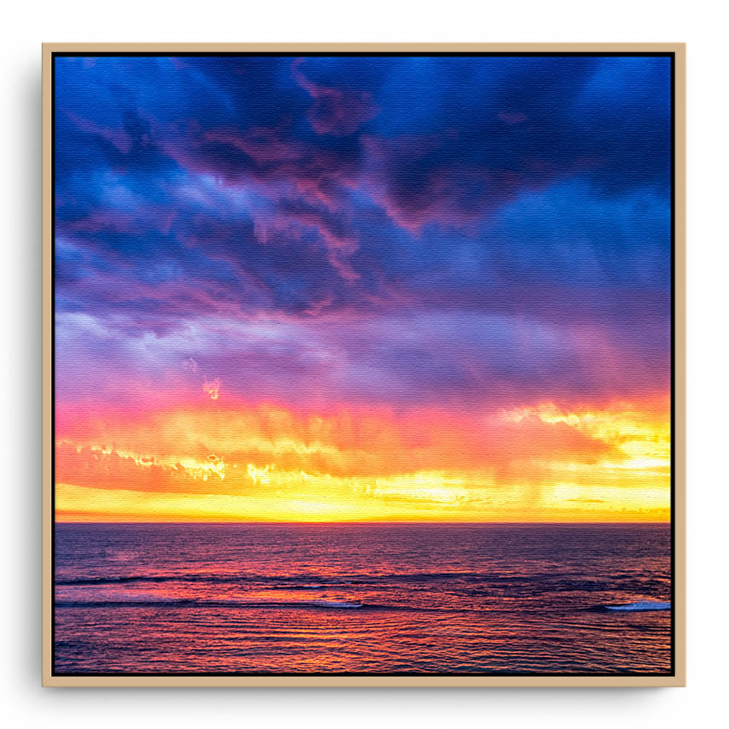 Colourful skies after a thunder storm in Perth, Western Australia framed canvas in raw oak